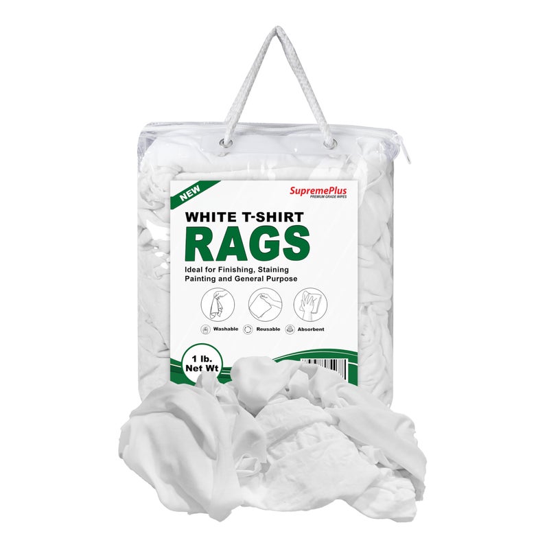 SupremePlus Premium White T-Shirt Cleaning Rags (1 lb. Bag) â€“ White Cotton Rags for Cleaning, Staining, Painting, Oil, Grease & Dust Removal â€“ Shop rag Bulk for Multipurpose use - Image 1
